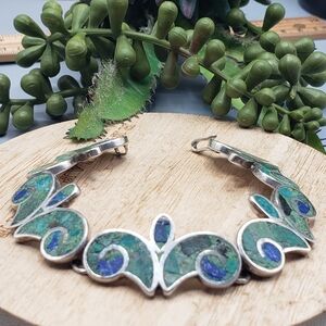 Sterling Silver .925 inlaid with Lapis and Malachite in a Swirling Design Unisex